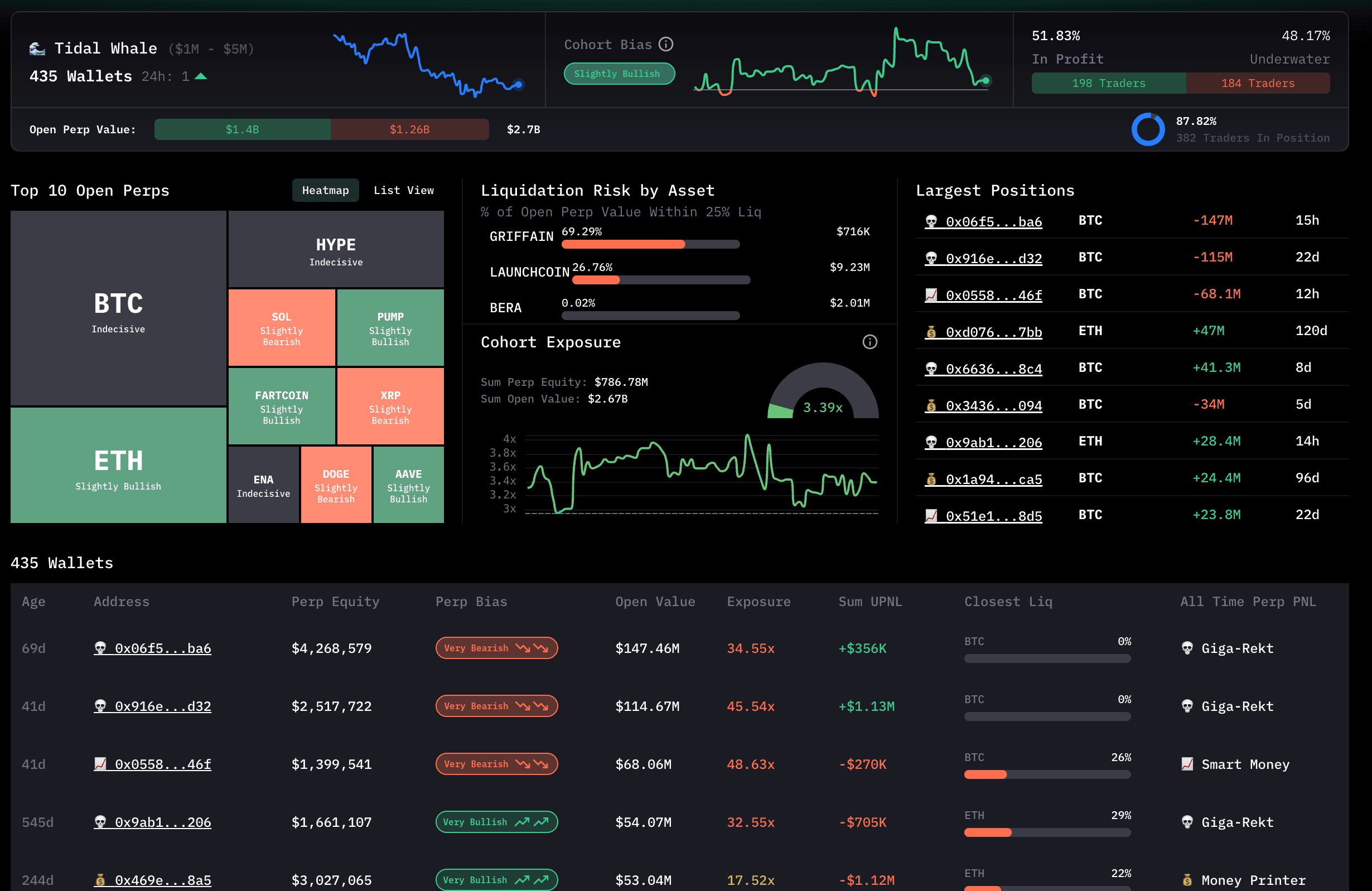 Tidal Whale cohort dashboard showing top positions, liquidation risks, cohort exposure, and largest active positions.